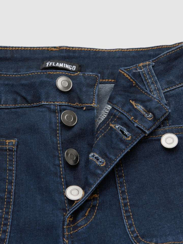 Modern navy high waist denim trousers with slight stretch