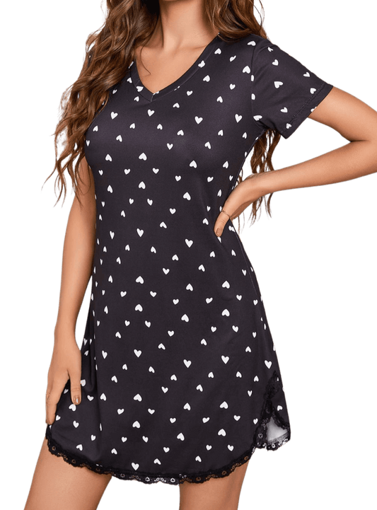 Heart V-Neck Lace Trim Night Dress - Whimsical Appalachian Boutique