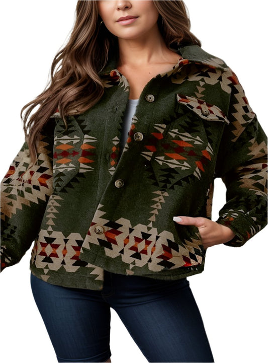 Front view of women’s olive button-up jacket with geometric print design