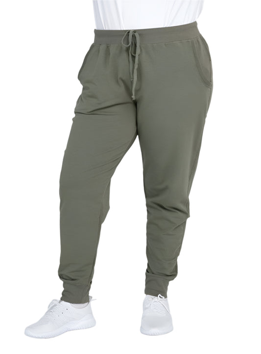 Plus-size ankle-length olive jogger pants with a relaxed silhouette.