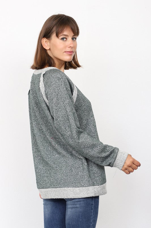 Olive shimmer French terry top for women, cozy and casual.