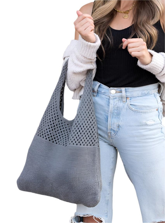 Gray soft-knit hobo bag with lightweight construction and durable design.