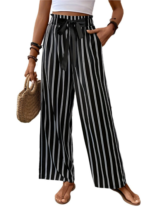 Black & White Striped High Waist Wide Leg Pants