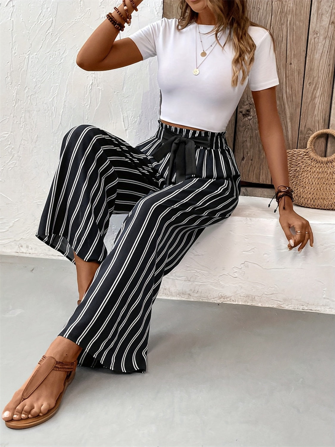 Black & White Striped High Waist Wide Leg Pants
