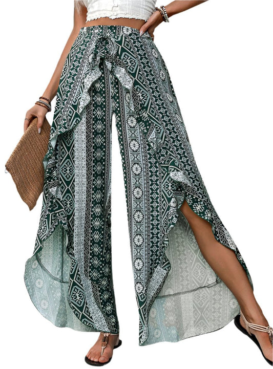 Slit Ruffled Geometric Wide Leg Pants