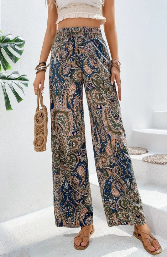 Paisley Printed Wide Leg Ruched Waist Pants - Whimsical Appalachian Boutique