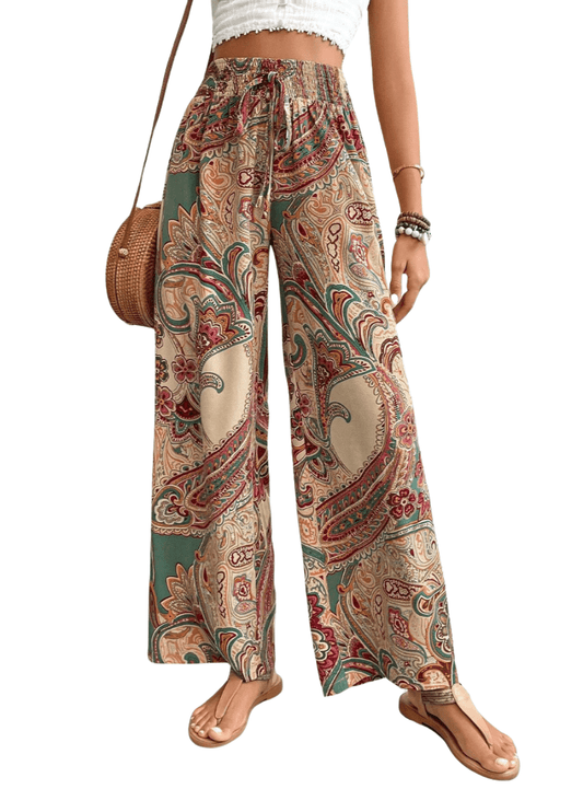 Paisley Printed Wide Leg Ruched Waist Pants - Whimsical Appalachian Boutique