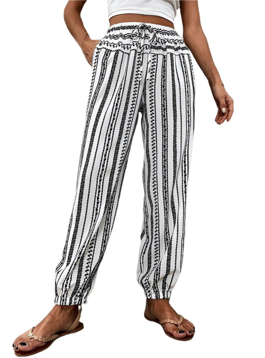 Black & White Striped Elastic Waist Jogger Pants
