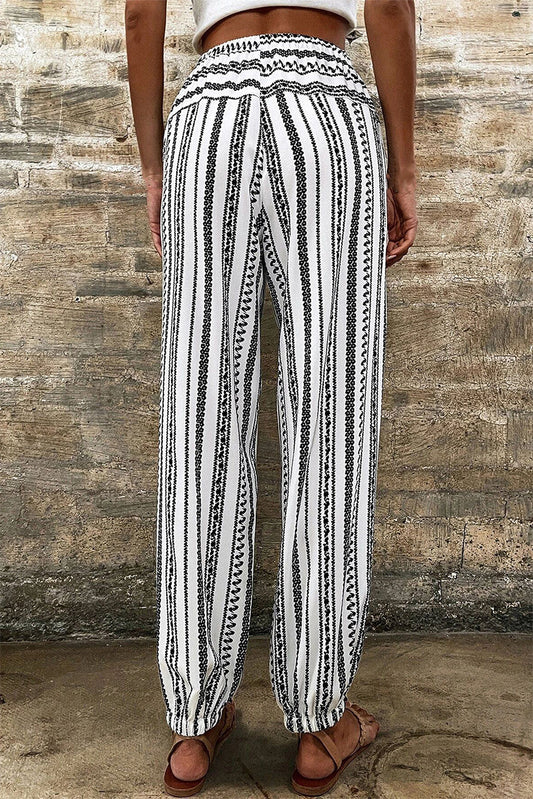 Black & White Striped Elastic Waist Jogger Pants