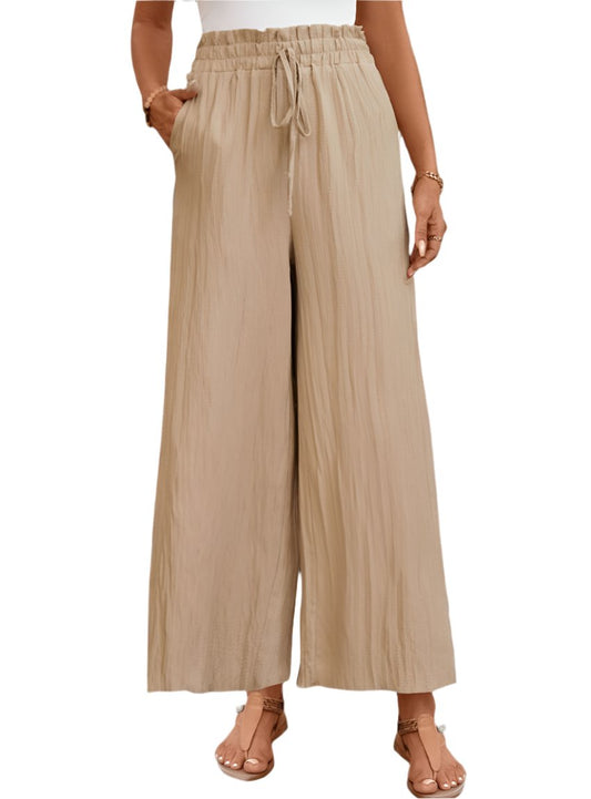 Frill Wide Leg High Rise Drawstring Pants - Tan - Whimsical Appalachian Boutique