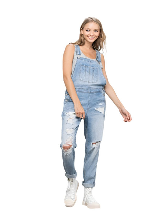 Front view of Patch Pocket Ripped Denim Overalls featuring light-wash fabric and ripped knees.