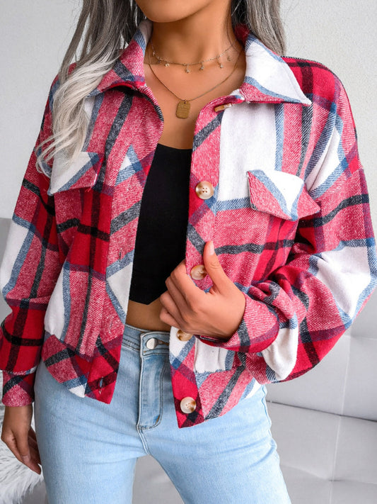 Pink plaid long sleeve jacket with buttons, perfect for a casual day out.