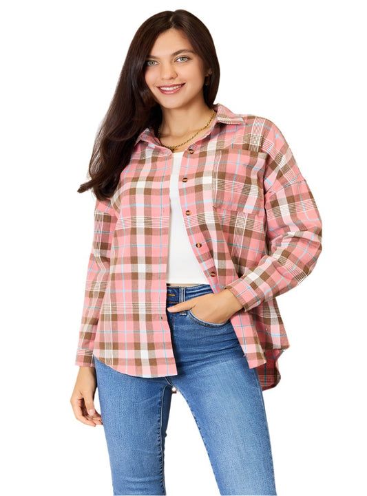 Pink and brown plaid button-up shirt with a collared neckline.