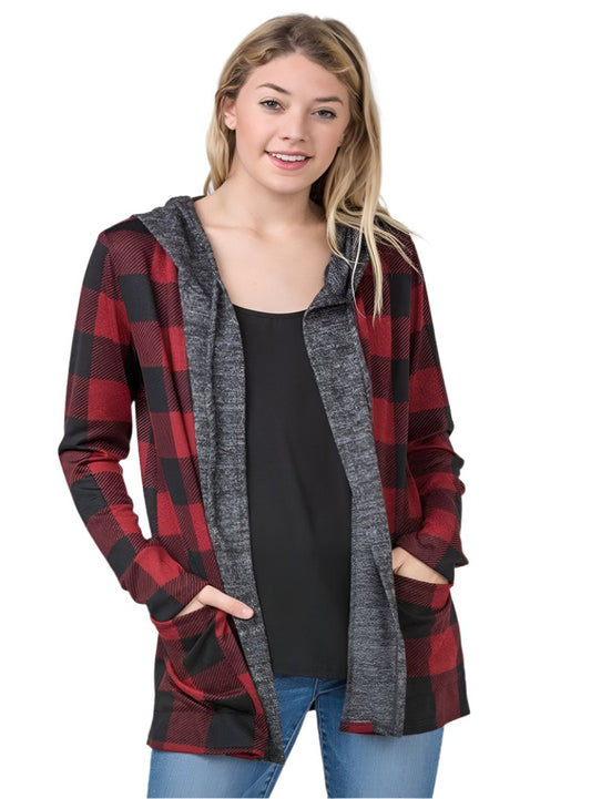 Plaid checker print cardigan with attached hoodie