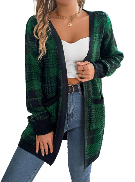 Front view of dark green plaid open-front cardigan with pockets