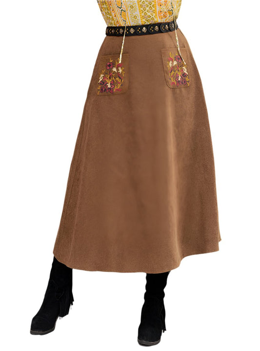 Plus size embroidered high waist skirt in caramel