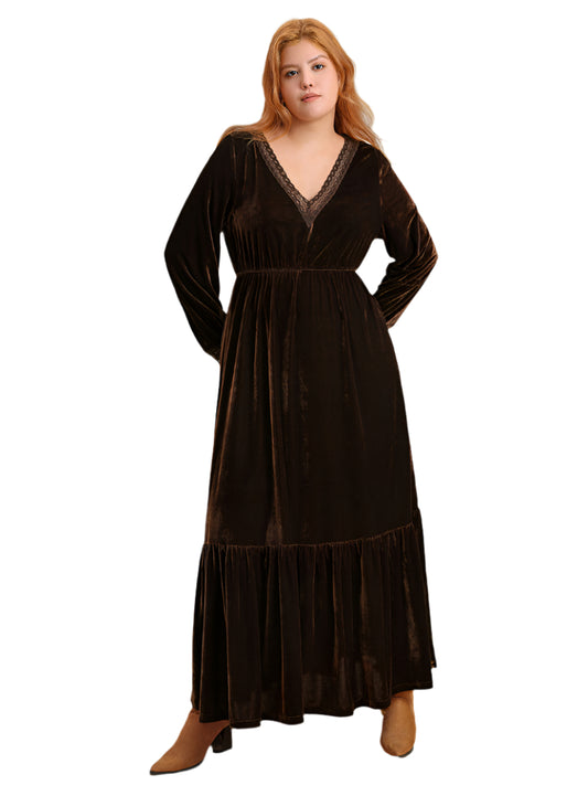 Plus Size Lace Detail V-Neck Long Sleeve Maxi Dress | Demure Clothing