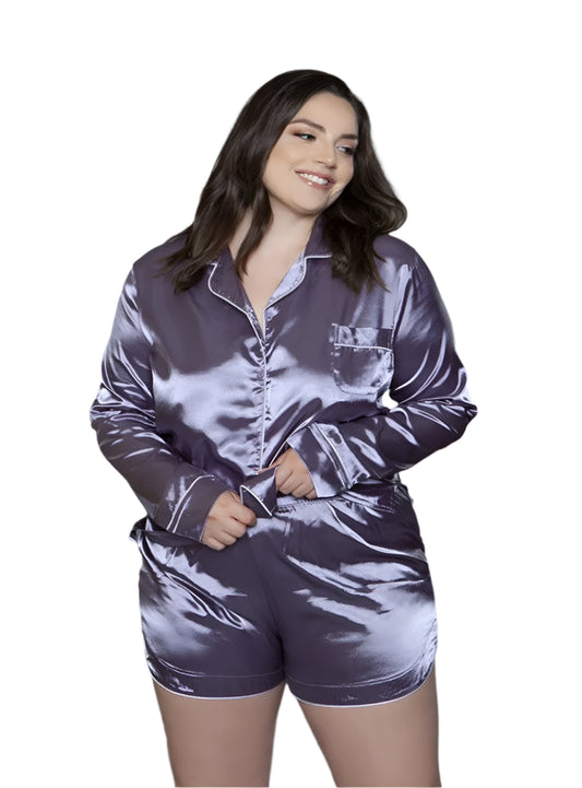 Plus-size lilac satin pajama set with long-sleeve top and shorts, front view.