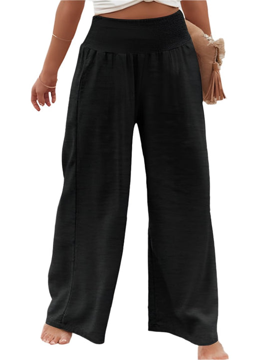 Front view of Plus Size Smocked High Waist Wide Leg Pants in black.