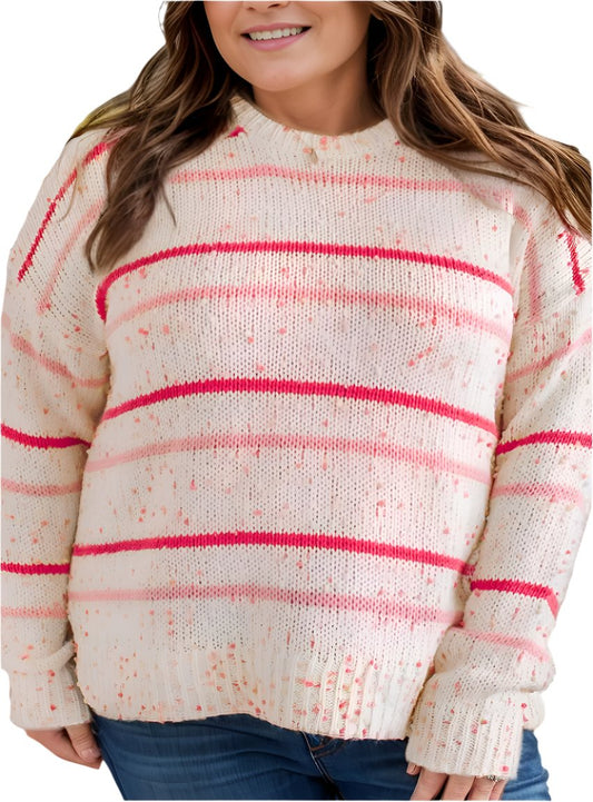 Woman wearing a plus-size speckled stripe knit sweater with pink stripes.