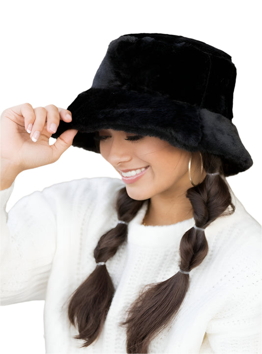 Black plush bucket hat with soft texture