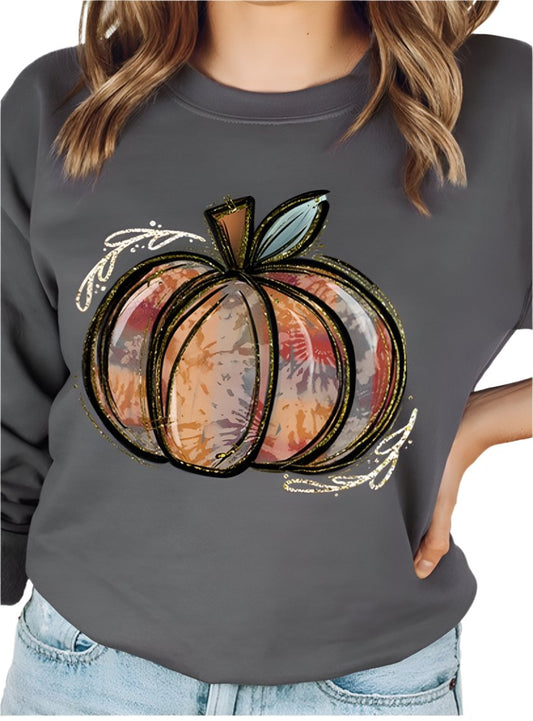 Woman wearing a dark gray pumpkin graphic sweatshirt