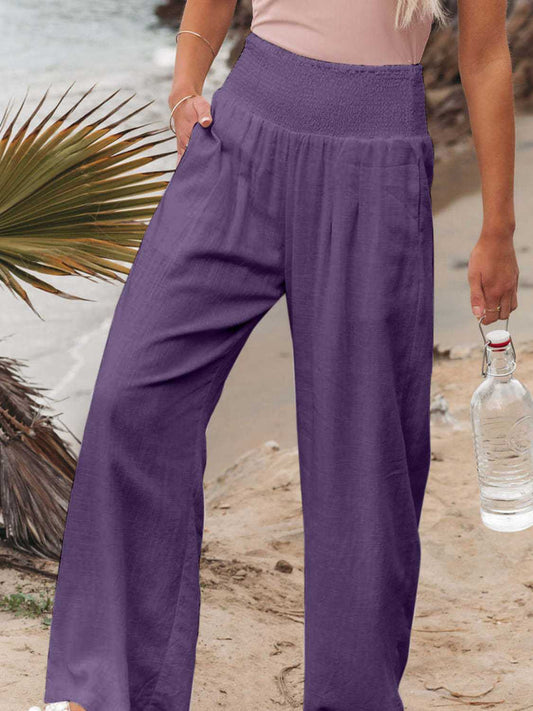 Purple smocked waist wide leg pants with pockets