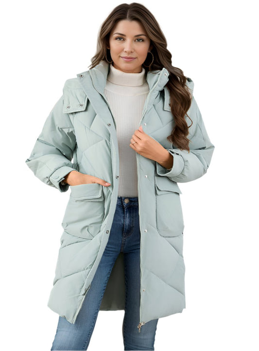 Front view of sage quilted hooded puffer coat with pockets