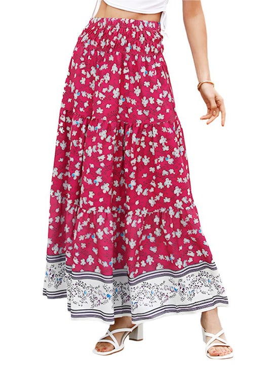 Front view of a red boho print floral skirt with a high-waisted tiered design.