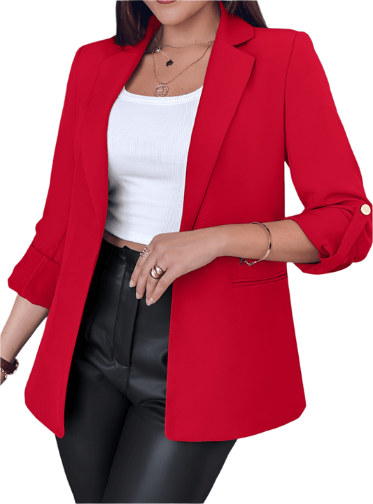 Front view of women’s lapel collar blazer in red