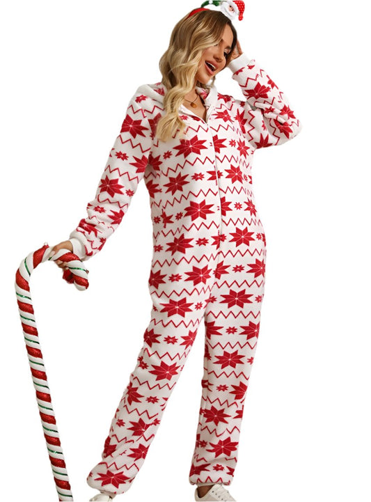 red and white half-zip hooded jumpsuit with snowflake pattern