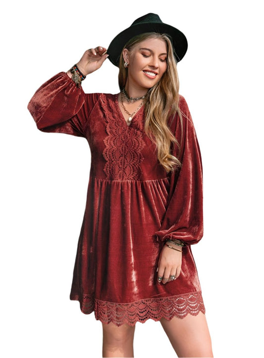 front view of reddish brown lace detail dress