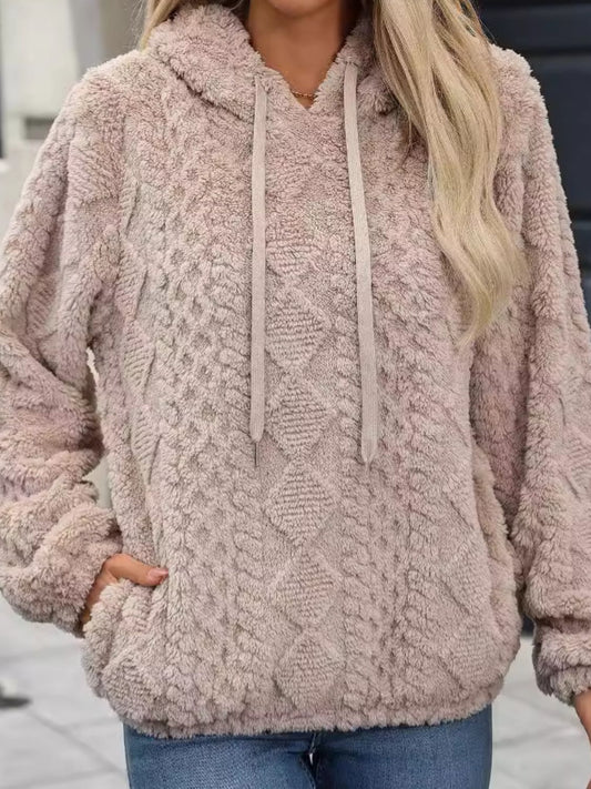 Comfortable khaki plush hoodie with a drawstring hood.