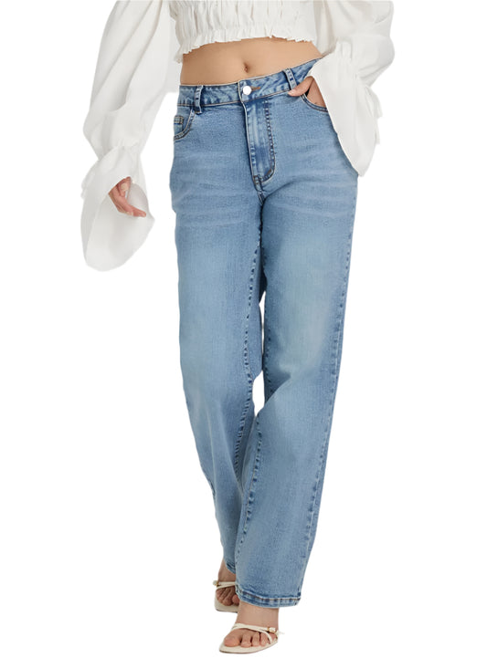 Front view of relaxed high-waist straight-leg jeans in light wash featuring a classic design.
