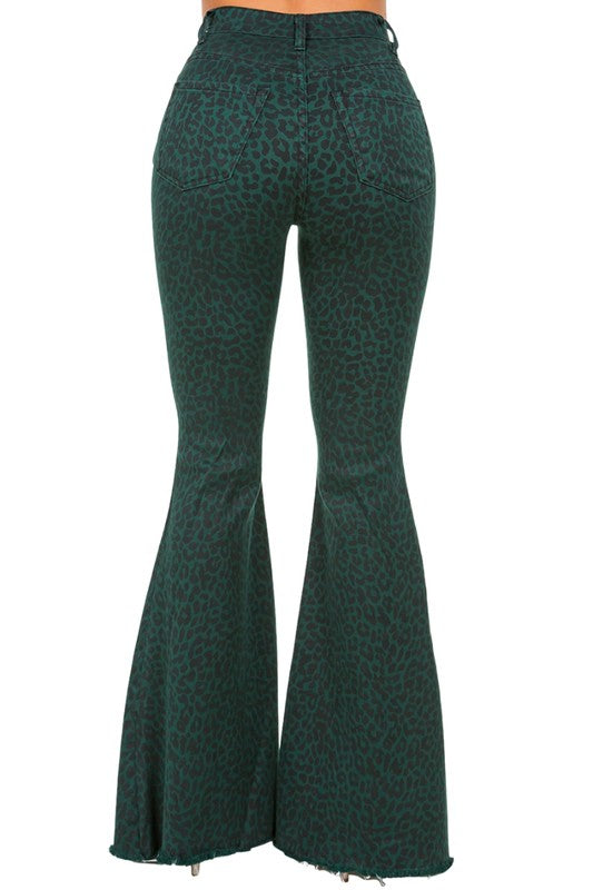 High-waist leopard-print bell bottom jeans in pine green with a modern fit.