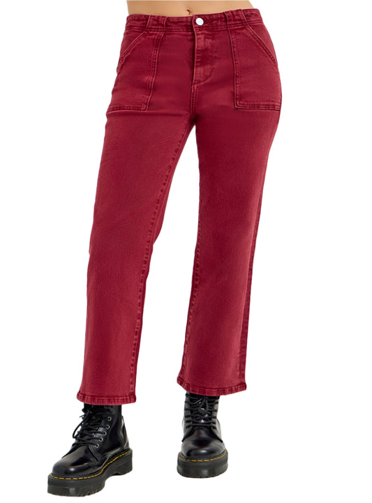 RISEN Jeans in wine with high-rise fit and patch pocket design.