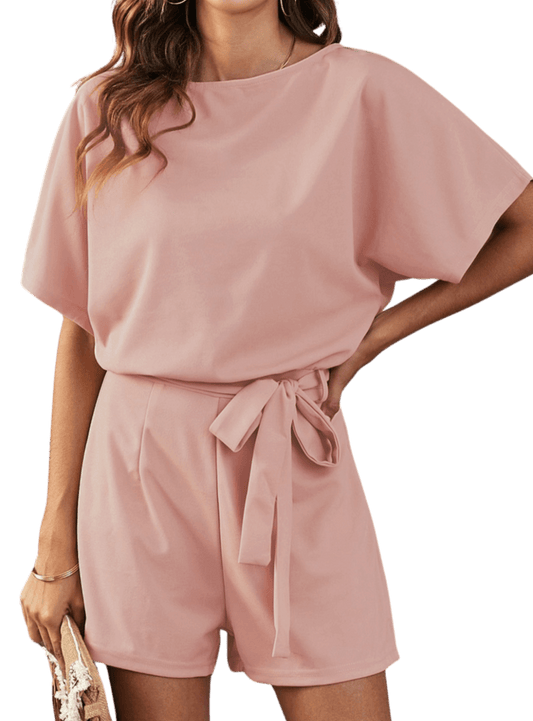 Tie Belt Boatneck Short Sleeve Romper - Whimsical Appalachian Boutique