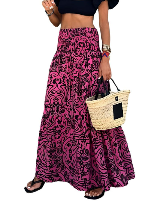 Front view of a rose bohemian printed maxi skirt with a flowy silhouette.