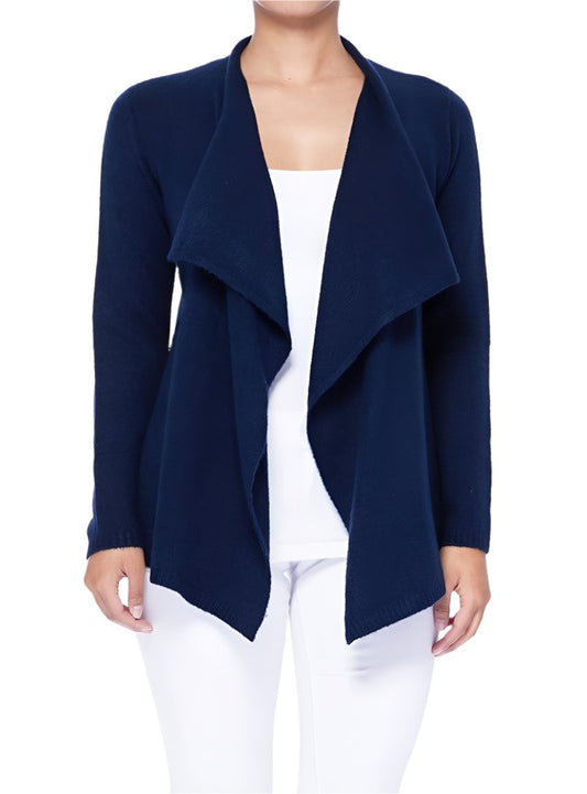 front view of navy shawl collar cape cardigan