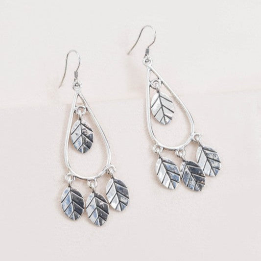 Silver Wind Swept Leaf Earrings with dangling leaves for a boho chic look.