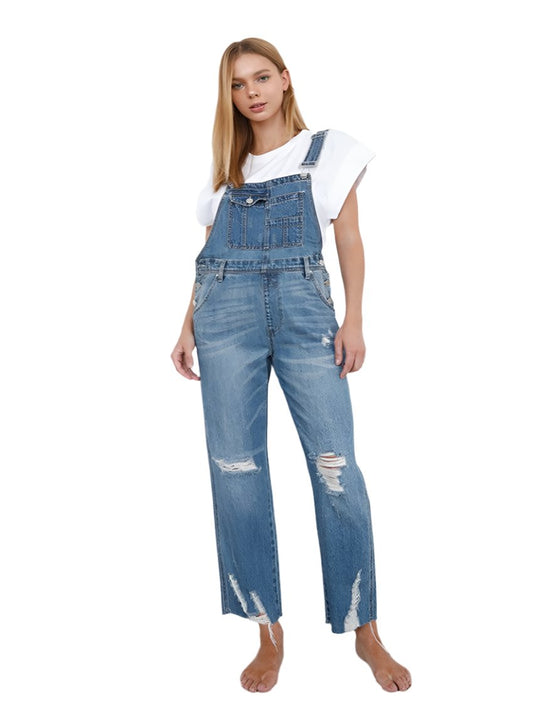 Front view of Slim Straight Denim Overalls in medium-wash with a casual fit.