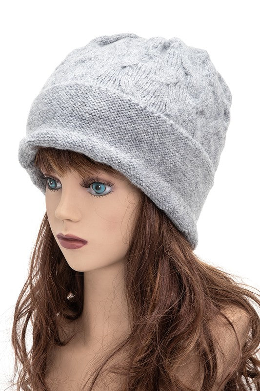 Classic gray cable knit beanie with relaxed slouchy style