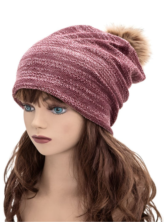 Classic burgundy cotton blend beanie with detachable faux fur pom