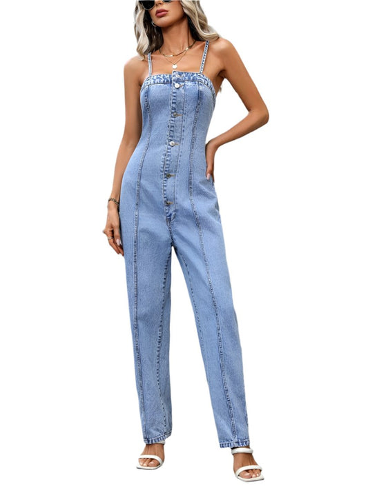 Front view of spaghetti strap denim overalls with button details.