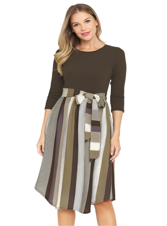 Self-tie belt detail on brown striped midi dress with 3/4 sleeves