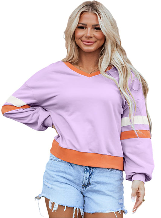 Ribbed Knit V-Neck Patchwork Sweatshirt