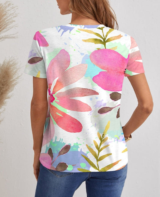 Printed V-Neck Short Sleeve T-Shirt - Whimsical Appalachian Boutique