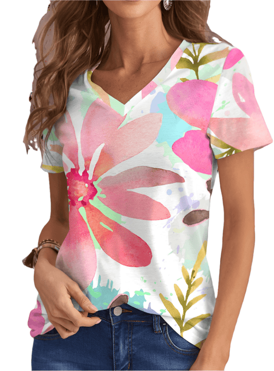 Printed V-Neck Short Sleeve T-Shirt - Whimsical Appalachian Boutique