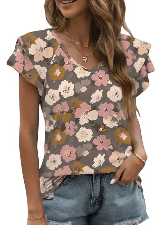 Floral V-Neck Cap Sleeve T-Shirt - Whimsical Appalachian Boutique