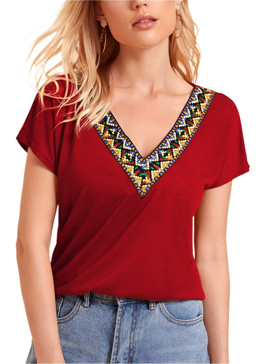 Embellished V-Neck Short Sleeve T-Shirt - Whimsical Appalachian Boutique